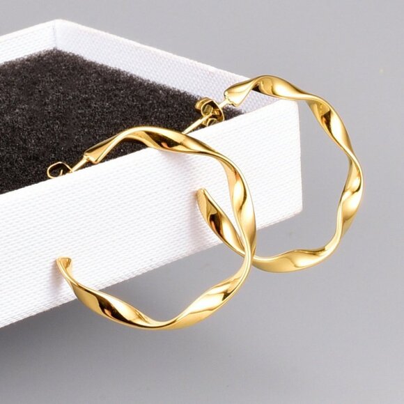 Gold Twisted Hoop Earrings - Picture 2 of 4